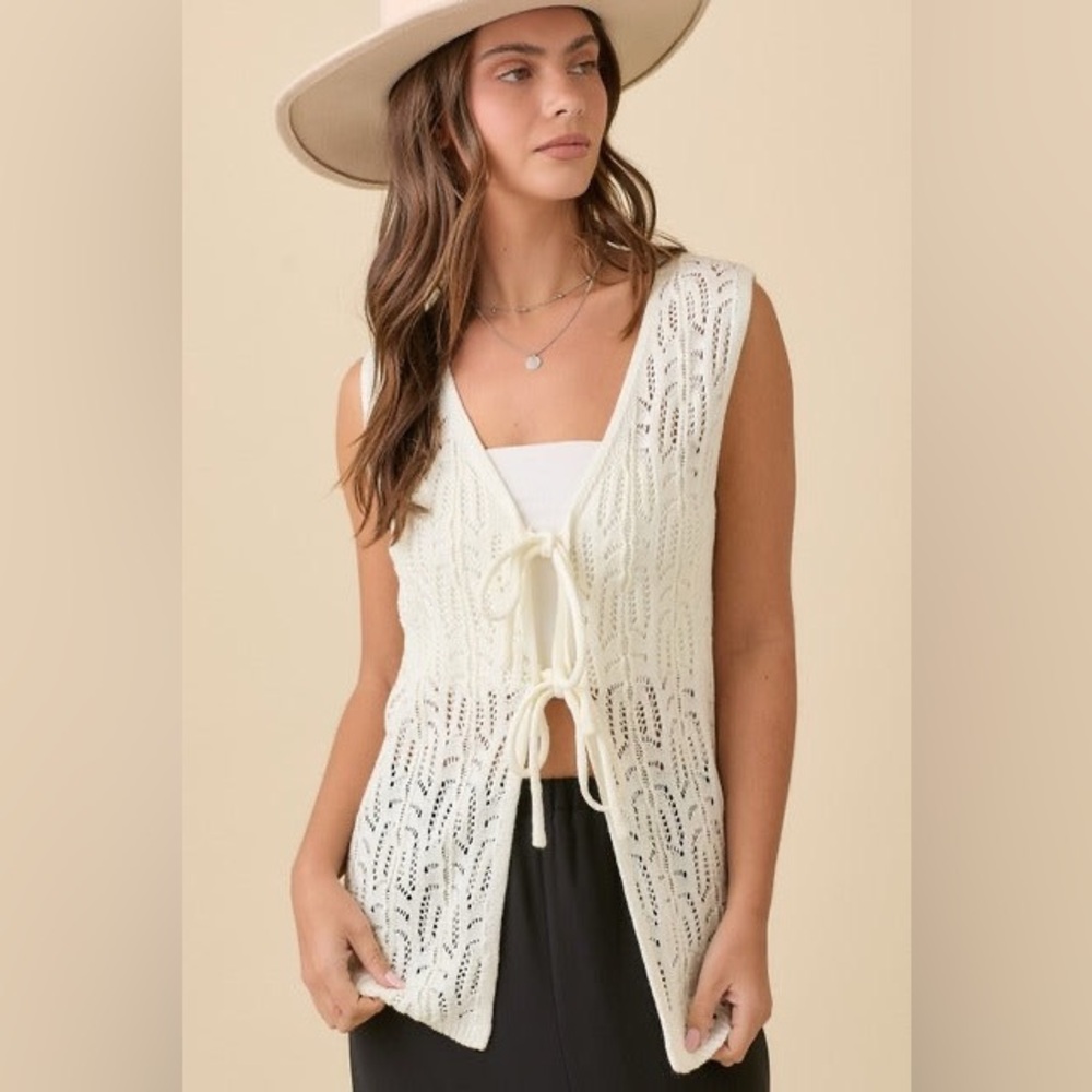 Long Crochet Knitted Vest with Front Ties - Main Strip